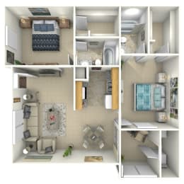a 3d rendering of a floor plan with bedrooms and a living room