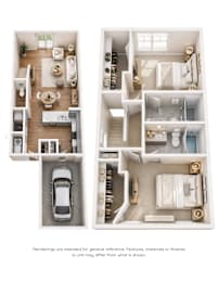 Two floor plans of a house with a car parked in the garage.