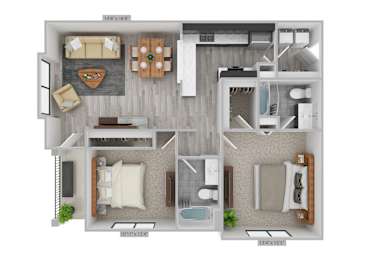 A floor plan of a two-bedroom apartment with a living room, kitchen, and bathroom.