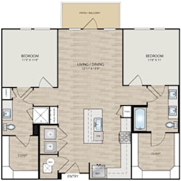 A floor plan of a two-bedroom apartment with a living room, dining room, and kitchen.