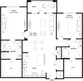 A black and white floor plan of a house with labeled rooms such as "DREAM", "REFRESH", "COOK", and "ENTRY".