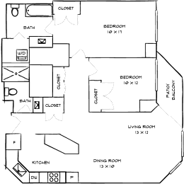 A floor plan of a house with a living room, dining room, kitchen, and two bedrooms.