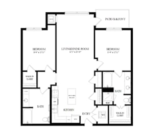 A black and white floor plan of a house with two bedrooms, a living room, a patio, a kitchen, a bath, a walk-in closet, and a laundry room.