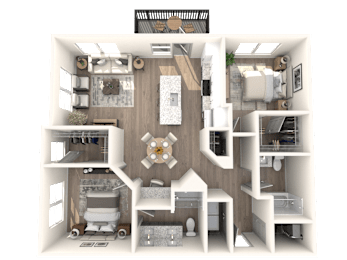 A 3D floor plan of a house with a living room, kitchen, and two bedrooms.