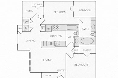 A floor plan of a house with a kitchen, dining room, living room, and three bedrooms.