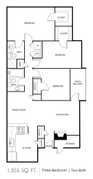a floor plan of three bedrooms and two baths