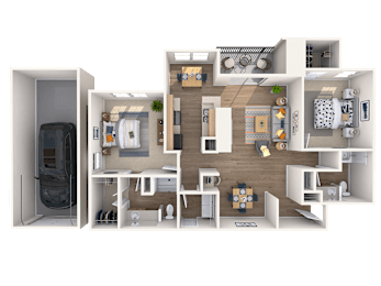 A 3D floor plan of a small apartment with a kitchen, living room, and bathroom.