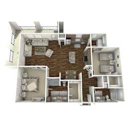 A 3D floor plan of a house with multiple rooms and furniture.