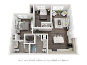 A 3D floor plan of a house with a kitchen, living room, and two bedrooms.