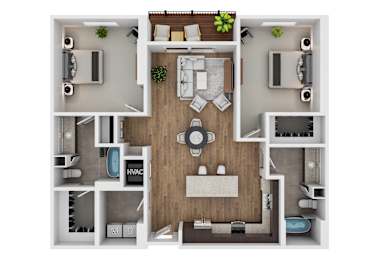 A top-down view of a small apartment layout with a kitchen, living room, and bathroom.