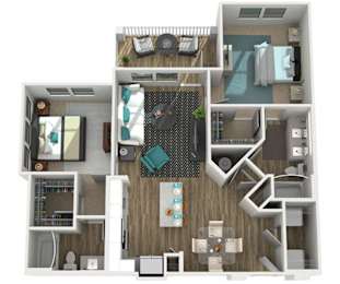 A 3D rendered image of a house layout.