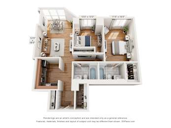 A 3D floor plan of a house with a living room, kitchen, dining room, and bathrooms.
