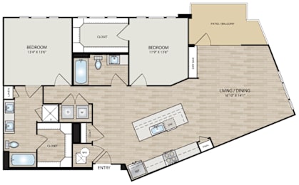 A floor plan of a house with two bedrooms, a living room, and a kitchen.