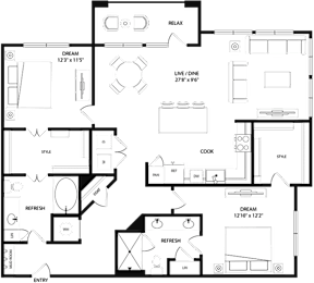 A floor plan of a house with labeled rooms such as RELAX, DREAM, and COOK.