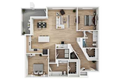 A top-down view of a house layout with a kitchen, living room, and two bedrooms.