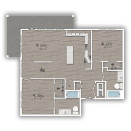 A floor plan of a house with a kitchen, living room, and two bedrooms.