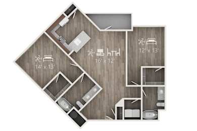 A floor plan of a house with a kitchen, living room, and two bedrooms.