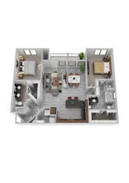 A top-down view of a house interior with a kitchen, living room, and dining area.