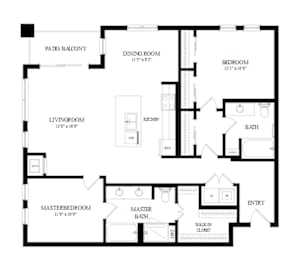A black and white floor plan of a house with a patio balcony, living room, dining room, kitchen, master bedroom, and bath.