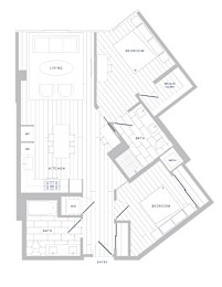 A floor plan of a house with labeled rooms such as bedroom, bath, and kitchen.