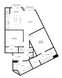 A floor plan of a Juliette Balcony apartment with a kitchen, living room, bedroom, and bathroom.