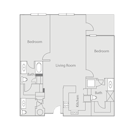 A floor plan of a small apartment with two bedrooms, a living room, a kitchen, and two bathrooms.