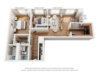 A 3D floor plan of a small apartment with a kitchen, living room, and bedroom.