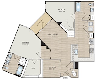 A floor plan of a house with three bedrooms, a living/dining area, a mudroom, a flex space, and a closet.