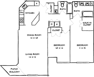 A floor plan of a house with a kitchen, living room, two bathrooms, and two bedrooms.