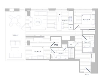 A floor plan of a house with a living room, kitchen, bedrooms and bathrooms.
