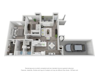 A 3D floor plan of a house with a kitchen, living room, and two bedrooms.