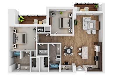 A 3D floor plan of a house with labeled rooms.