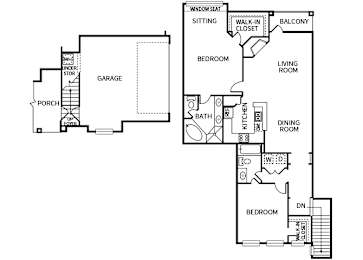 A floor plan of a house with a garage, two bedrooms, a living room, a dining room, a kitchen, a bathroom, a porch, and a balcony.