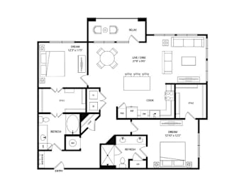 A black and white floor plan of a two-bedroom apartment.