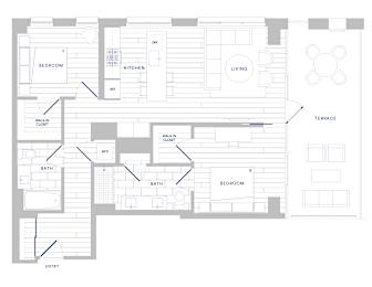 A floor plan of a house with a bedroom, bathroom, kitchen, living room, and terrace.