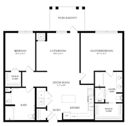 A black and white floor plan of a house with a master bedroom, living room, dining room, kitchen, and bath.
