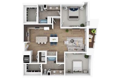 A top-down view of a small apartment layout with a kitchen, living room, and bathroom.