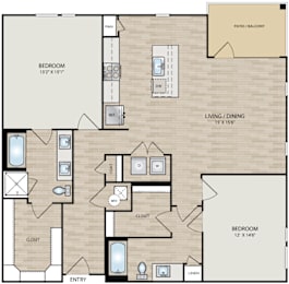 A floor plan of a house with a living room, two bedrooms, a bathroom, and a closet.