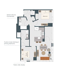 A floor plan of an apartment with a living room, two bedrooms, a kitchen, and a bathroom.