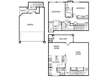 A set of three floor plans for a house with a garage, bedroom, and living room.