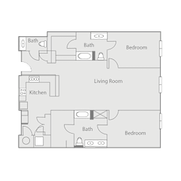 A floor plan of a house with two bathrooms, two bedrooms, a living room, and a kitchen.