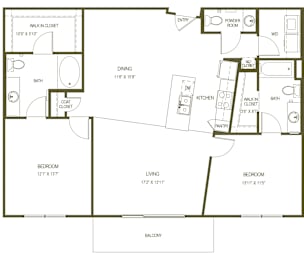 A floor plan of a house with a balcony and a powder room.
