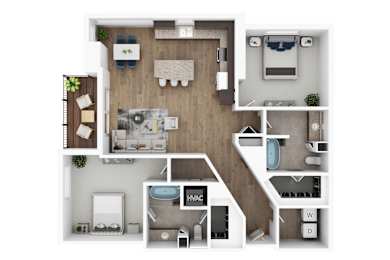 A floor plan of a house with a kitchen, living room, and bathrooms.