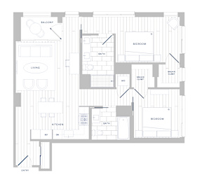 A floor plan of an apartment with a living room, kitchen, two bedrooms, and a bathroom.