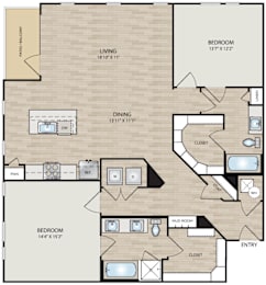 A floor plan of a home with a living room, dining room, two bedrooms, a mud room, and an entry.
