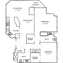 A floor plan of a house with a living room, dining room, kitchen, and three bedrooms.