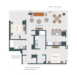A floor plan of a house with a living room, dining room, and two bedrooms.