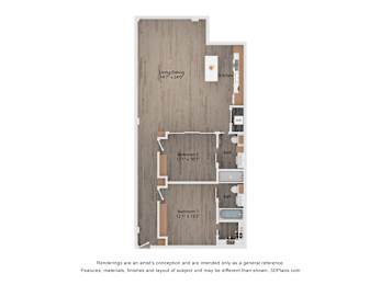 A floor plan of a small apartment with a kitchen, two bathrooms, and two bedrooms.