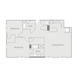 A floor plan of a living space with two bedrooms and two bathrooms.