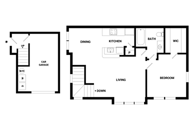 A floor plan of a house with a living room, dining room, kitchen, bathroom, and bedroom.